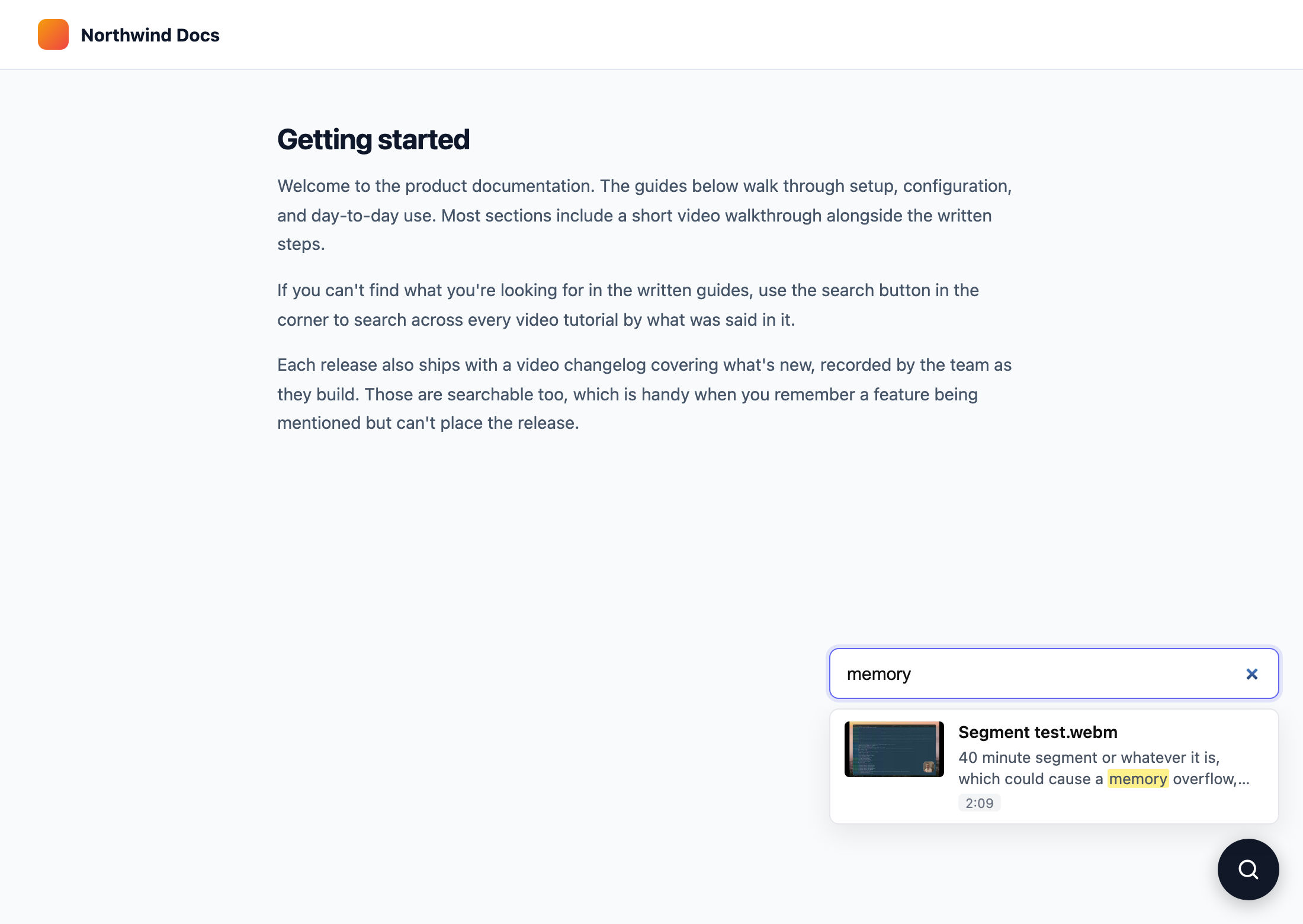 The floating search button, open on a documentation site, with a transcript match