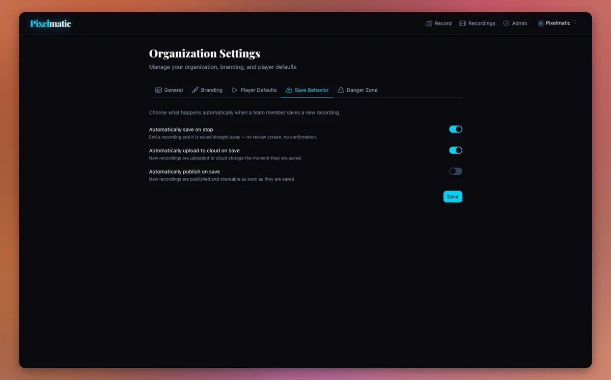 The save behaviour setting in Pixelmatic.