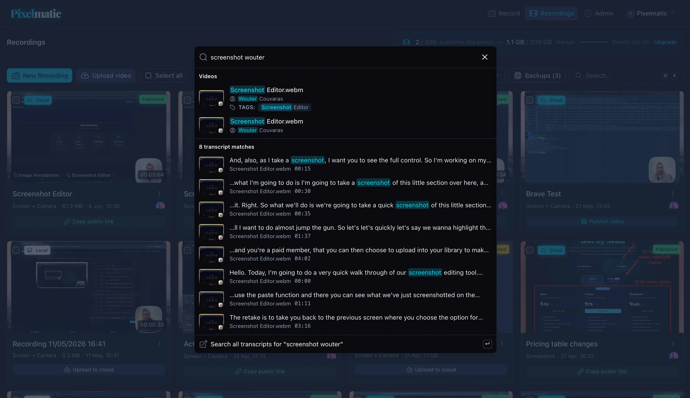 A team’s shared recording library in Pixelmatic.