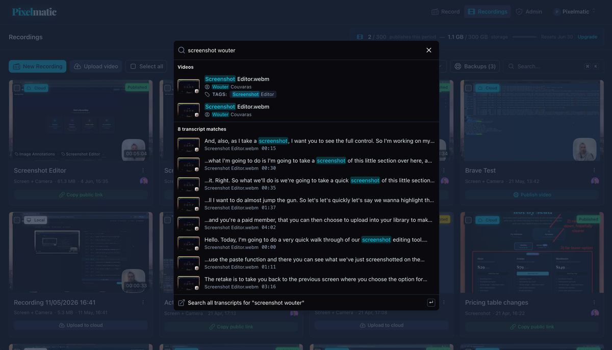 A whole team's shared recording library in Pixelmatic, on one plan.