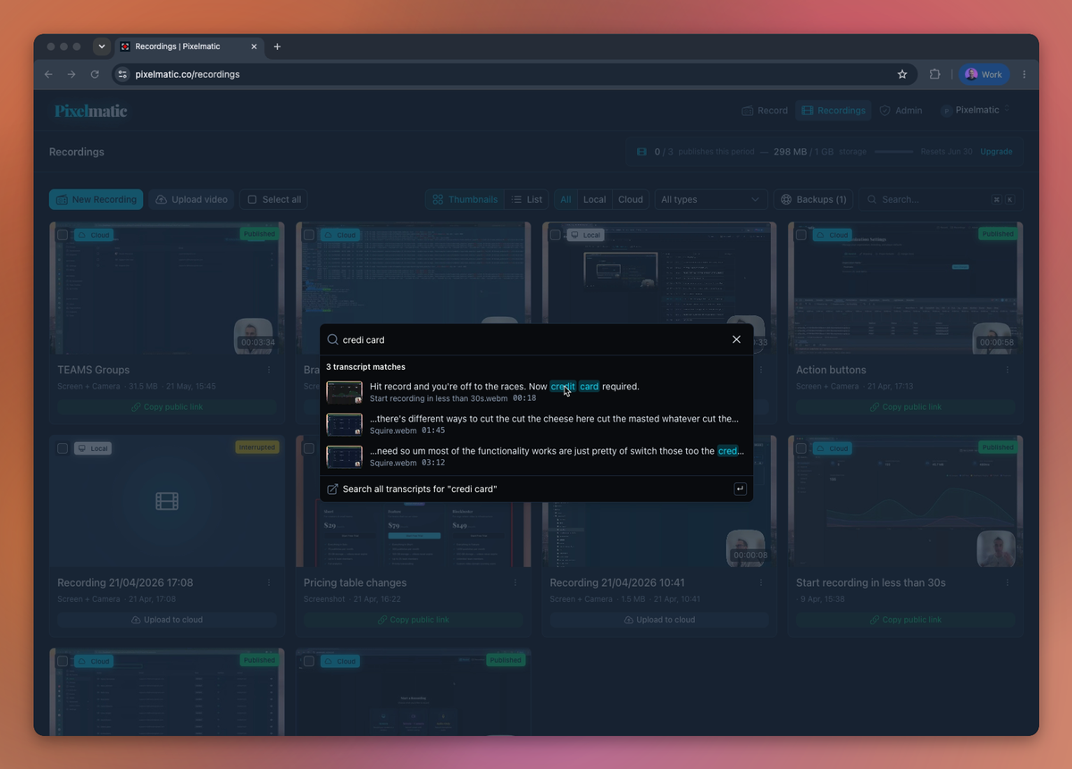 Pixelmatic ⌘K search modal showing transcript matches with timestamps across multiple recordings.