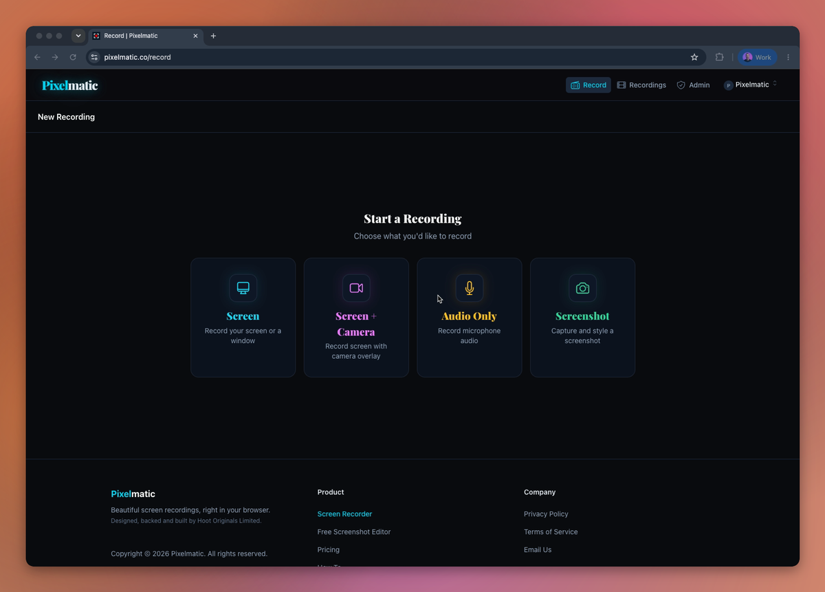 Pixelmatic recording options, right in the browser.